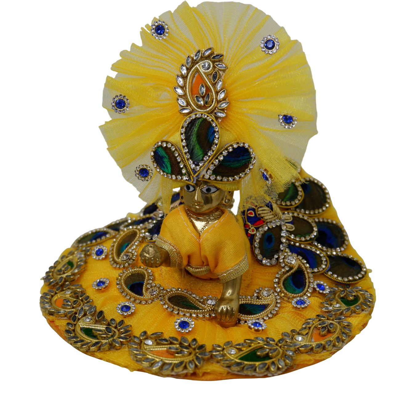 Laddu Gopal Ji Poshak Bright Yellow Peacock Feather Design and Gota Work with Matching Pagdi