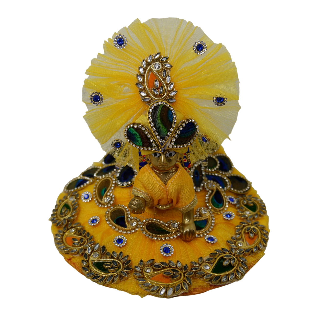 Laddu Gopal Ji Poshak Bright Yellow Peacock Feather Design and Gota Work with Matching Pagdi