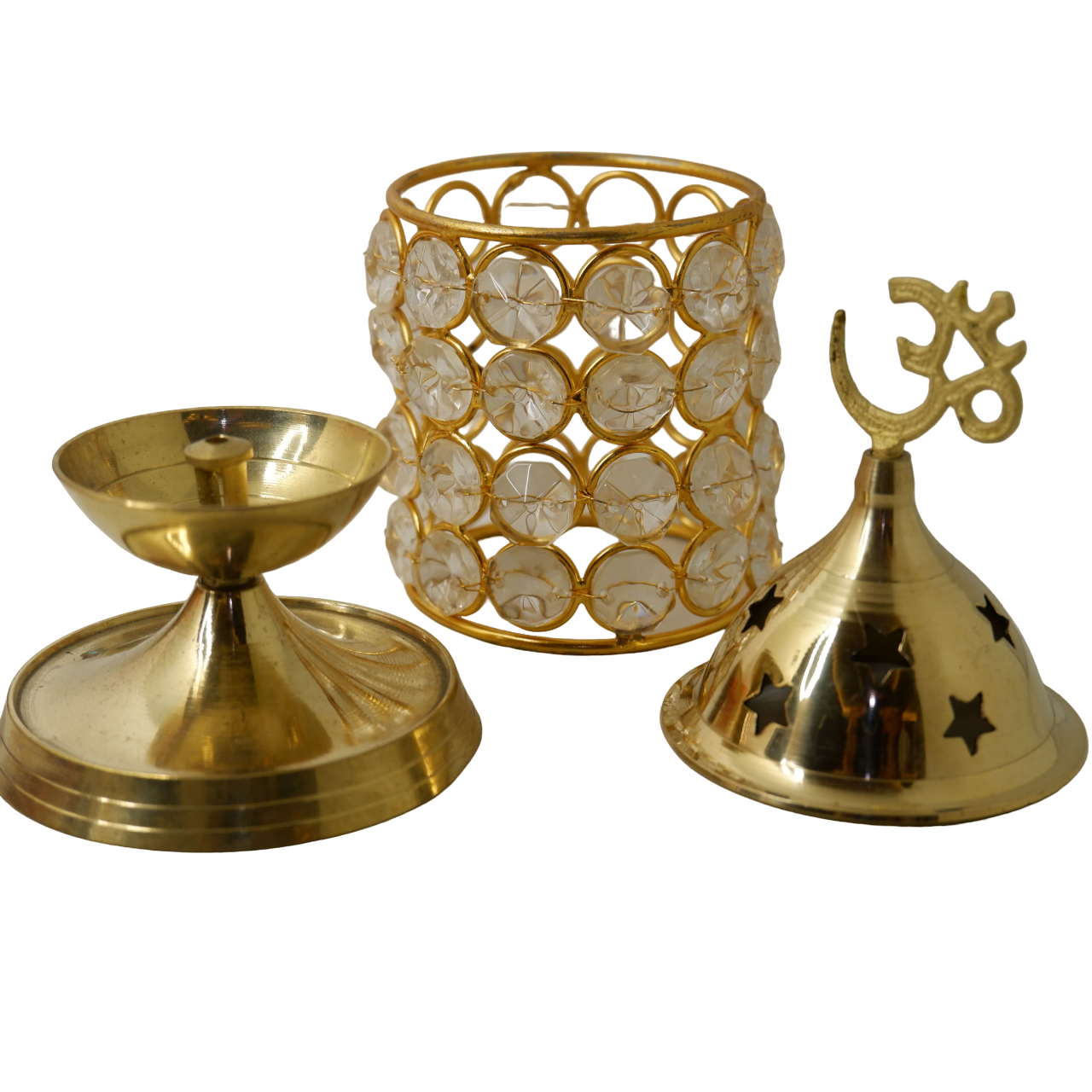 Brass Dipak with Crystal Pillar Cover and Om Top (Large)
