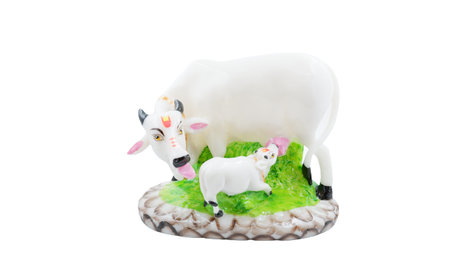 SANATAN Marble Kamdhenu Cow Calf Statue