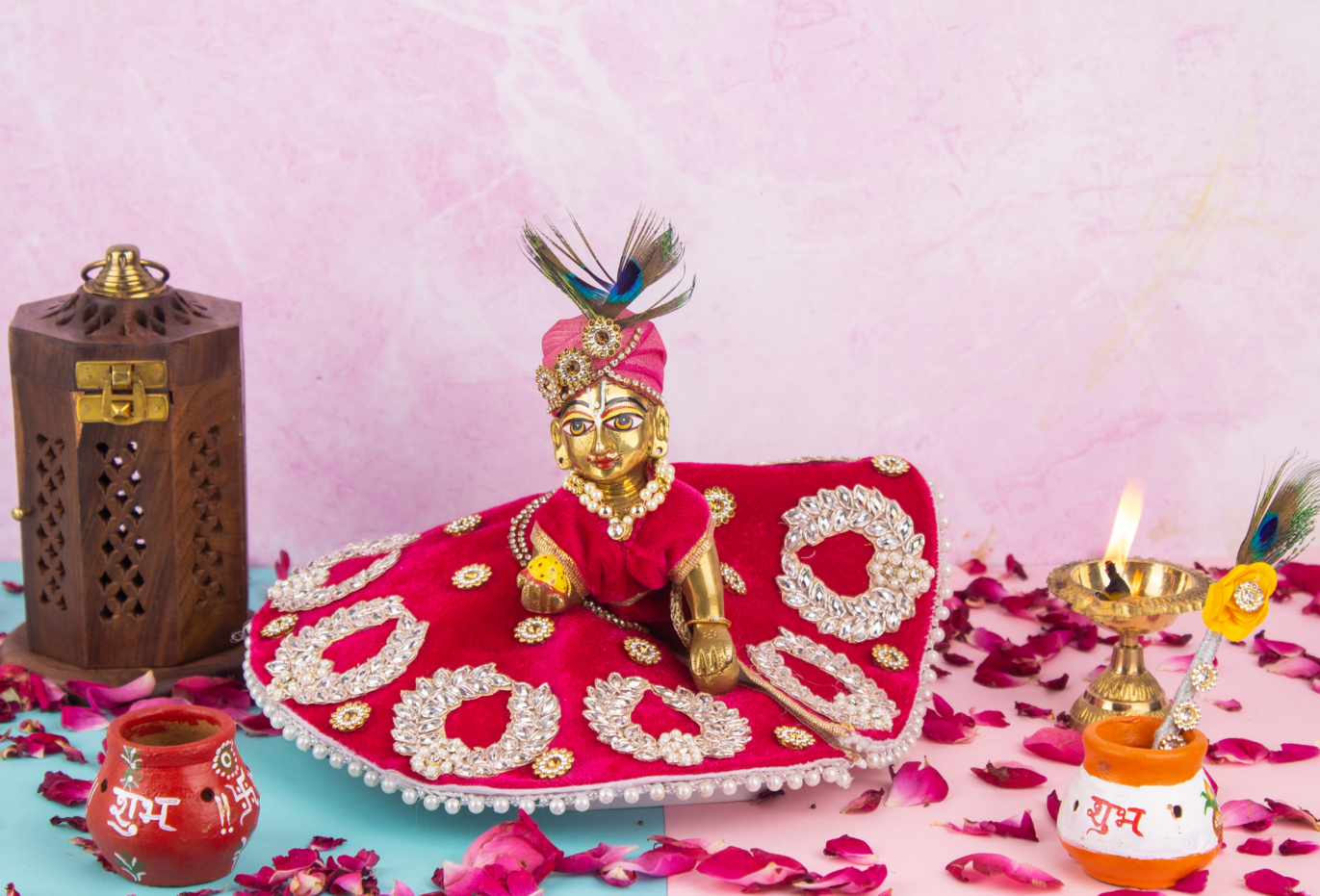 Laddu Gopal Ji Poshak: Red Velvet With Golden Sequins Detailing and Matching Pagdi