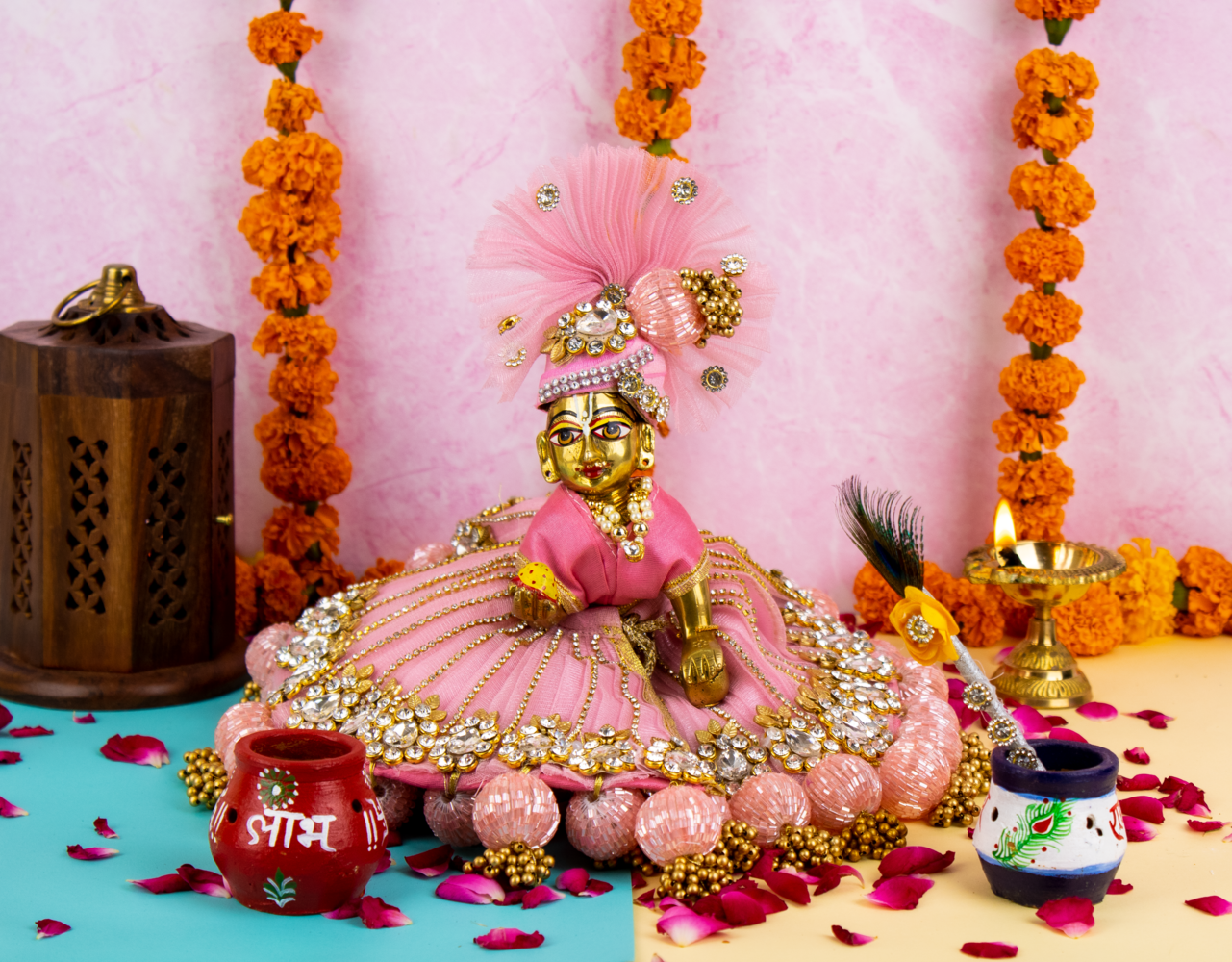 Laddu Gopal Ji Pastel Pink Poshak Beautiful Crafted Border and Golden Pearl Detailing with Matching Pagdi