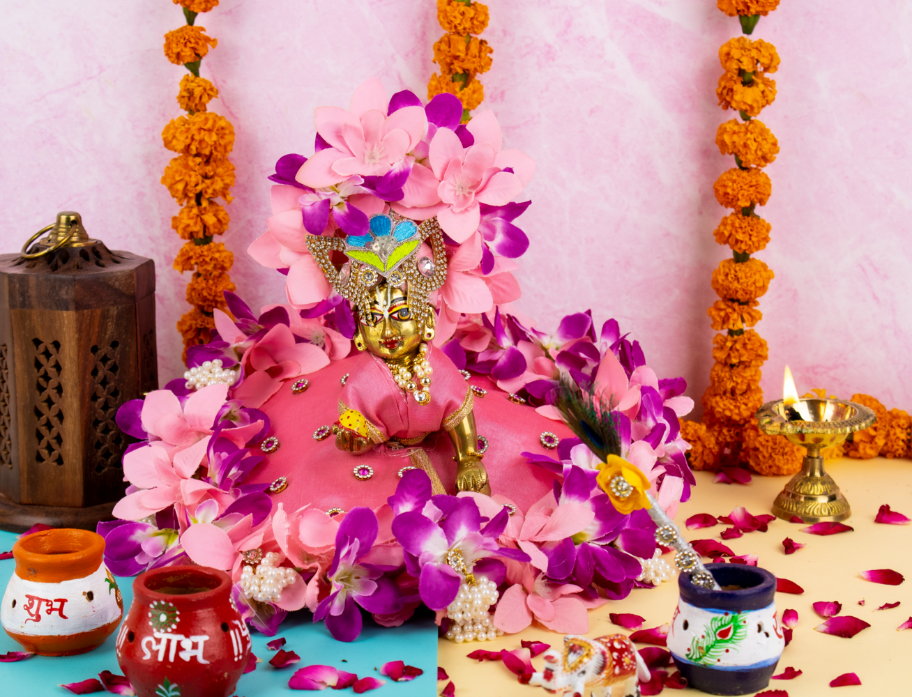 Laddu Gopal Ji Poshak : Pink and Purple with Petal Frills Border and Pearl Detaling with Matching Pagdi