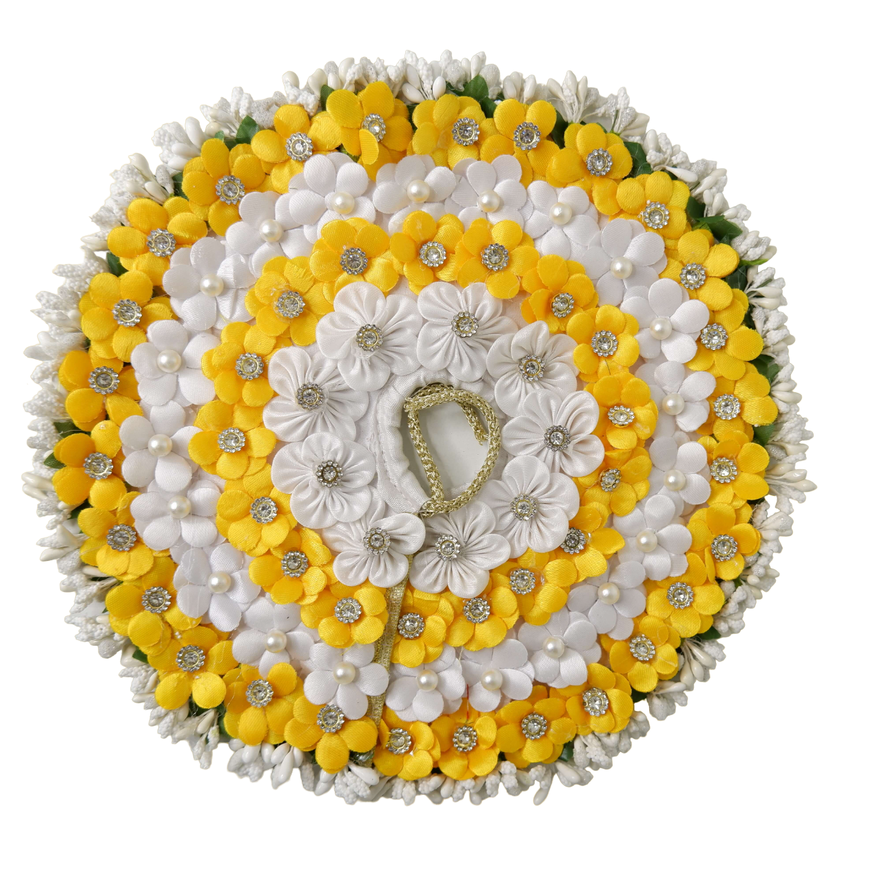 Ladoo Gopal Ji Poshak: Yellow and White Flower with White Stone Detailing with Matching Pagdi