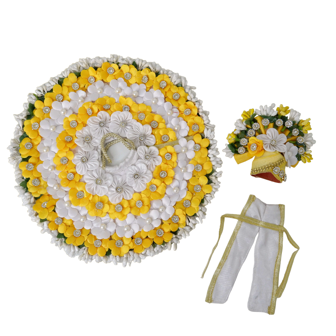 Ladoo Gopal Ji Poshak: Yellow and White Flower with White Stone Detailing with Matching Pagdi