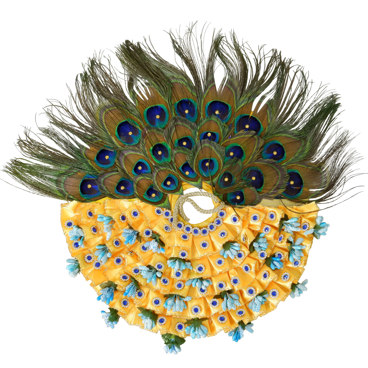 Ladoo Gopal Ji Poshak: Yellow with blue detailing and Peacock Feather with Matching Pagdi