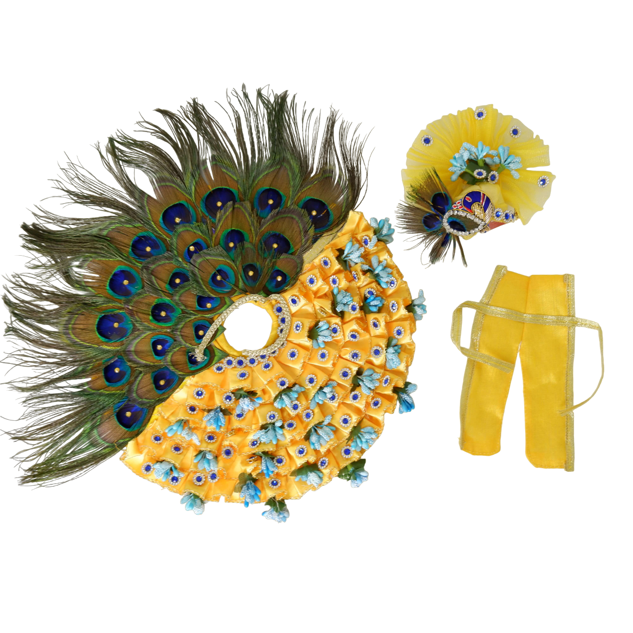 Ladoo Gopal Ji Poshak: Yellow with blue detailing and Peacock Feather with Matching Pagdi