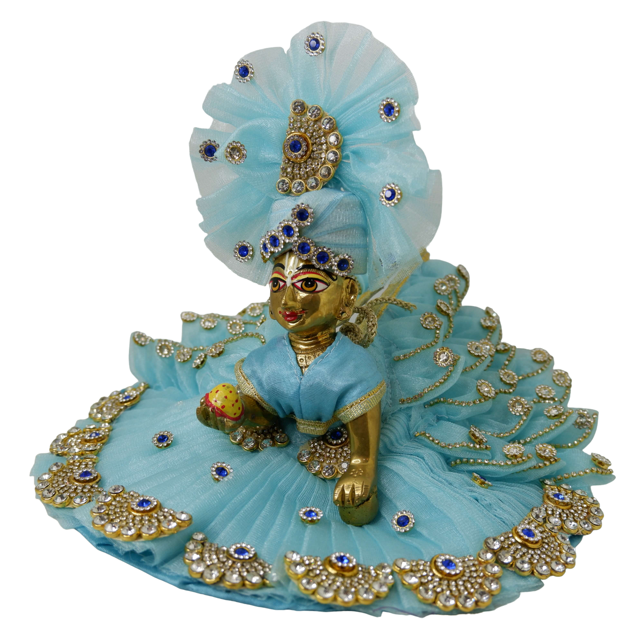 Ladoo Gopal Ji Poshak: Sky Blue, Petal Design and Golden Detailing with Matching Pagdi