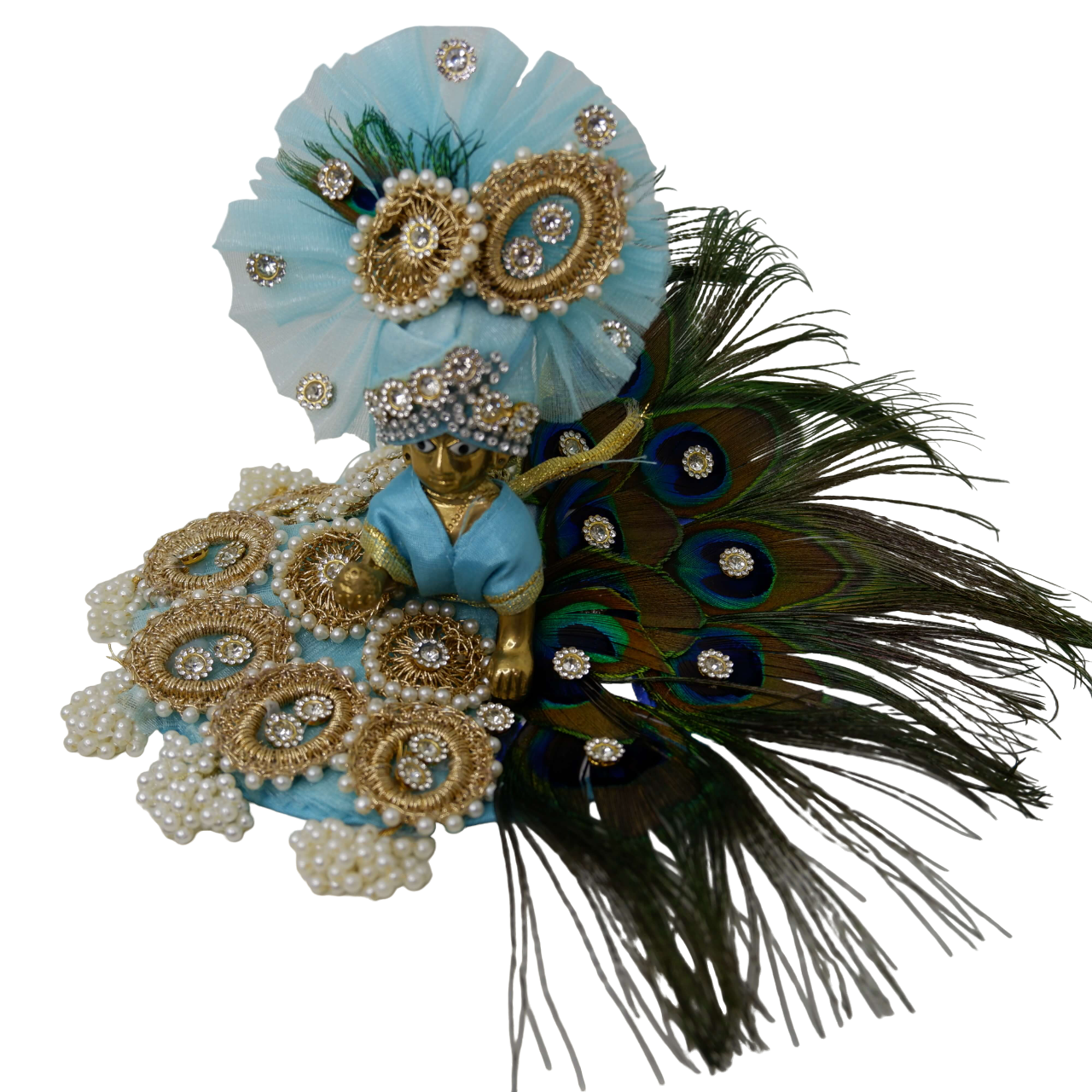 Laddu Gopal Ji Poshak Powder Blue Peacock Feather and Bold Sequins with Matching Pagdi