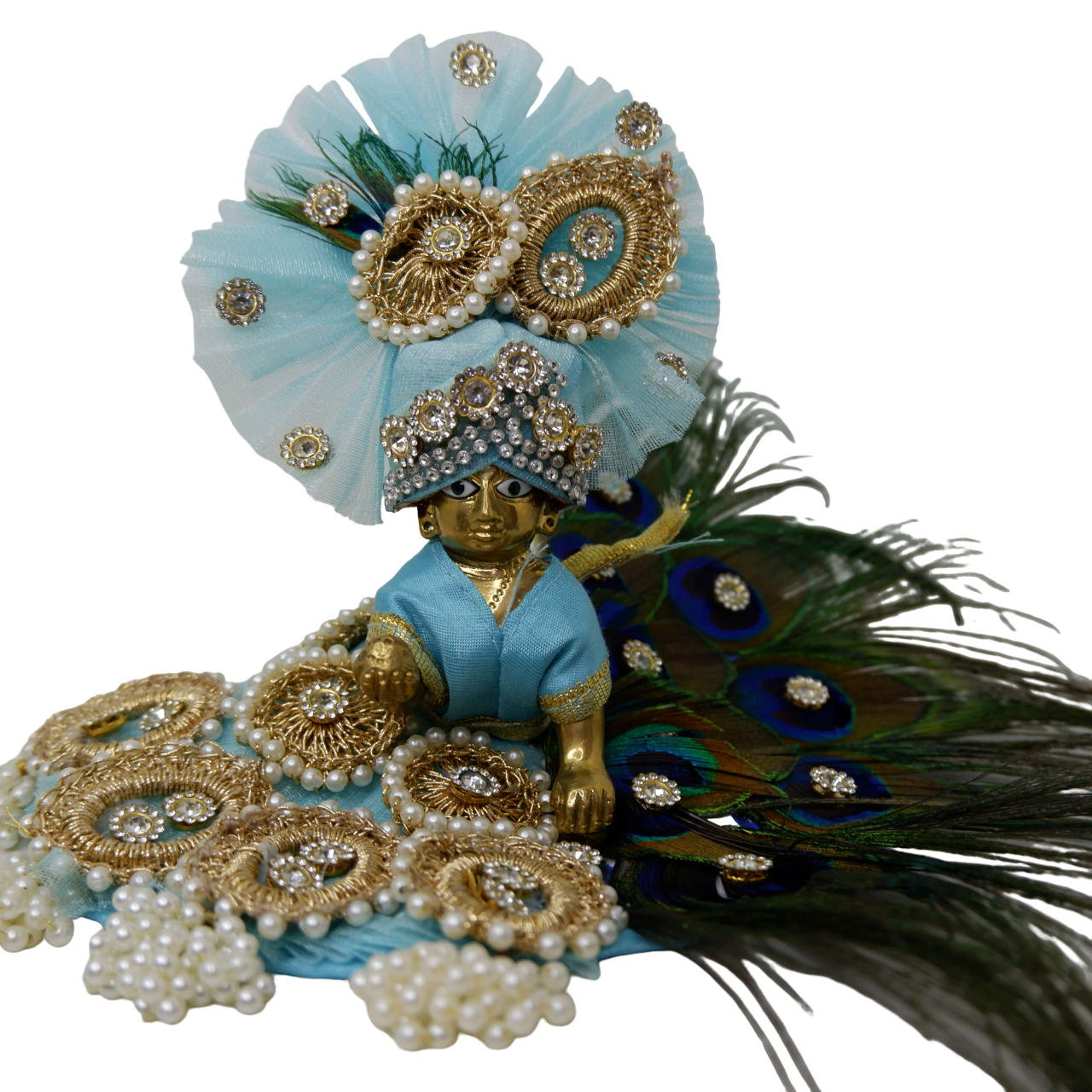 Laddu Gopal Ji Poshak Powder Blue Peacock Feather and Bold Sequins with Matching Pagdi