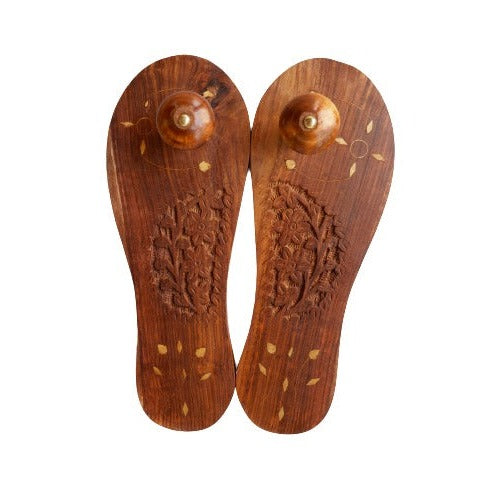 Wearable Wooden Slippers,  Carved Floral Khadau, Wooden Chappal for Men (Size 7)